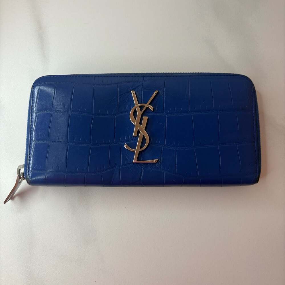 Saint Laurent Monogram Cassandre Zip Around Wallet in Blue Croc Embossed Leather